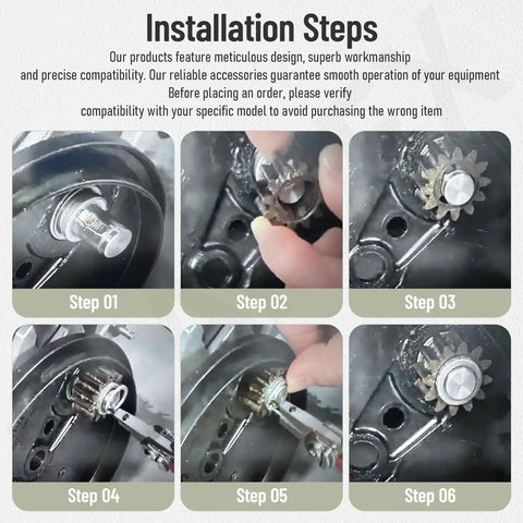 Installation steps for Premium Pinion Set Kit Replacement For John Deere Walk Behind Mowers showing gear placement and assembly.