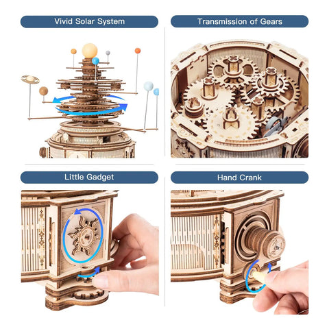 3D Wooden Orrery Solar System Puzzle Kit for Adults, Huge Planet Model With 8 Orbiting Planets, Mechanical Gear Building Toy, Easy Assembly, Epic Gift for Science Lovers and STEM Fans; wood gear close-up