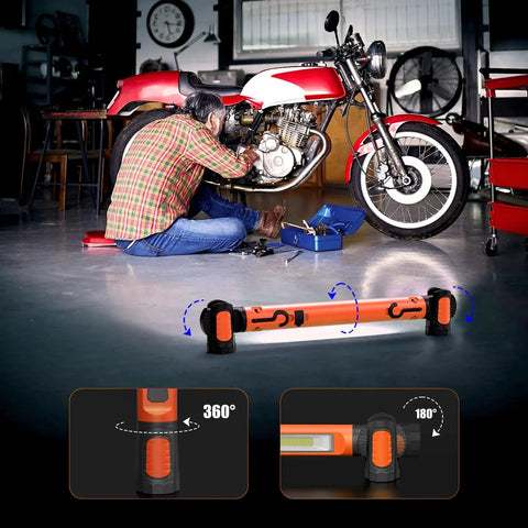 Repairing motorcycle with Rechargeable Magnetic LED Work Light 3000LM With 5200mAh Battery, demonstrating flexibility and magnetic mount.