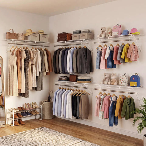 Built Tough Wall Mounted Closet Shelves Featuring Ventilated Heavy Duty Metal Wire Organizers, adjustable rods for organized clothes.
