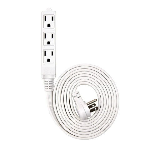 Flat Angled Indoor Extension Cord 10 Ft With Three Outlets UL Listed 3 Prong Power Wire Space Saving White Cord coiled on white background