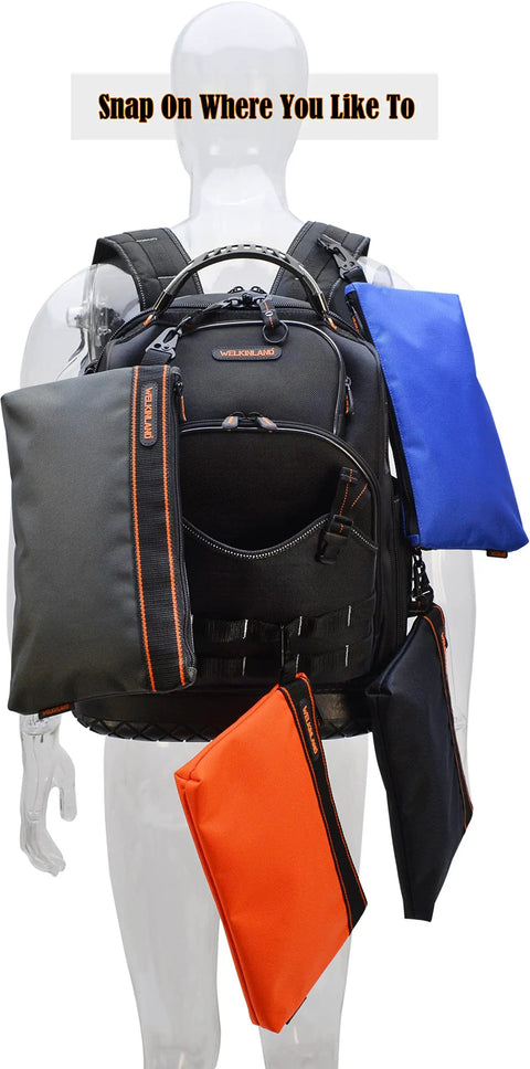 4 Pack Small Tool Pouches Set With Clips Heavy Duty Electrician Tool Bags displayed on a backpack for DIY projects and home improvement.