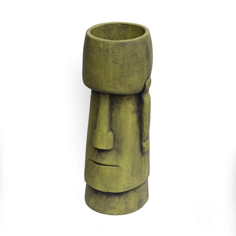 Outdoor Easter Island Tiki Urn Planter in Antique Green Finish for Patio or Garden, cast stone backyard vase with island vibe.
