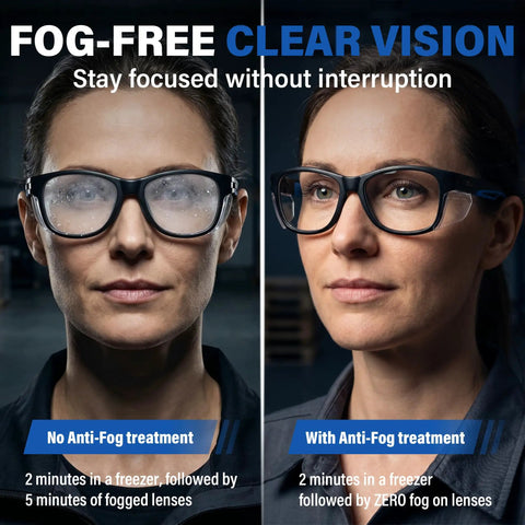 Clear Anti Fog Scratch Resistant Safety Glasses With Side Shields And Uv Protection Built For Jobsite Hustle and Shop Floor Grind, shown comparing fogged lenses.