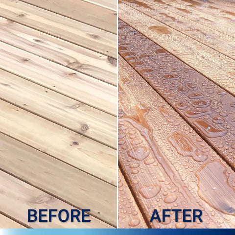 Before and after comparison showing decks treated with Heavy Duty Clear Wood Sealer And Solid Shield Waterproof Armor.