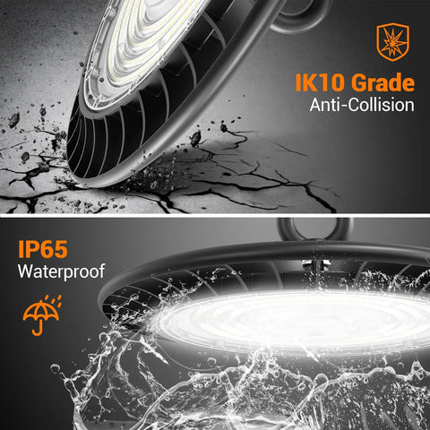 Super Bright 150W LED High Bay Shop Lights Putting Out 19500 Lumens Of 5000K Daylight; anti-collision and waterproof features