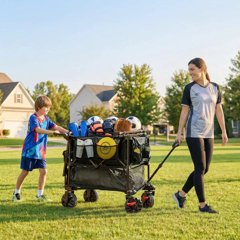 Push And Pull Double Decker Wagon With 400 Liter Capacity And 450 Pound Load Plus Dual Mode Adjustable Handle in park setting