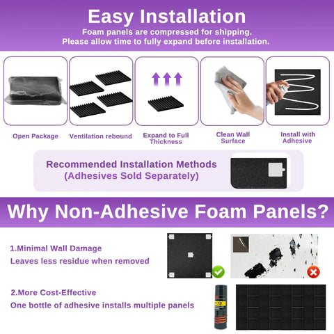 Installation guide for 52 Pack Acoustic Foam Panels 1 Inch Thick 12 By 12 Inch Wedge Studio Foam Sound Absorption Wall Panels for Dope Home Recording Studio Office Theater Black Purple.