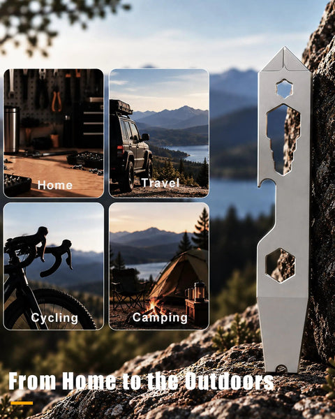 Absolute Badass Titanium EDC Pry Bar And Multi Wrench Combo For Daily Grind And Quick Fixes Compact Pocket Tool displayed outdoors near camping and cycling gear.
