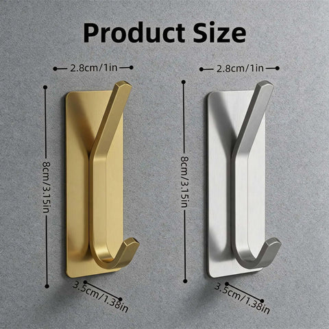 4 Pack Heavy Duty Peel And Stick Wall Hooks In Bright Gold Finish shown on wall with size dimensions for kitchen gear and tools.