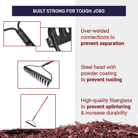 Bow Rake With Fiberglass Shaft For Tough-As-Nails Yard Work And Landscaping, 58 Inch, 16 Tines, rugged steel head, close-up.