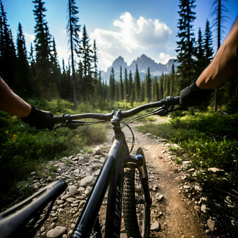 Cyclist riding on a rocky trail through a forest with mountains in the background, using Full Twist Ebike Throttle Grip 12V To 72V.