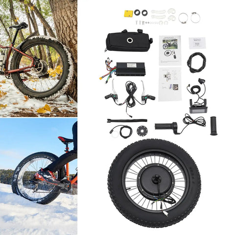 Beefed Up 48V 1500W Electric Bicycle Conversion Kit With 20 Inch Rear Hub Wheel, Pedal Assist Sensor And LCD Display. Snow Ready E Bike Kit components and assembly.