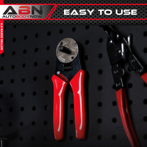 Deutsch Closed-Barrel D-Sub Crimper for 12-20 AWG with ratcheting action, red-handled heavy-duty tool on a pegboard display