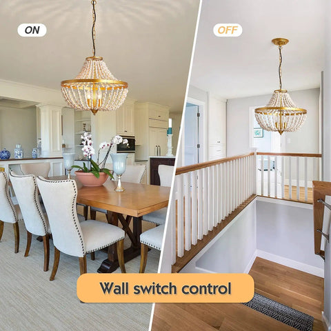Three Light Boho Wood Beaded Gold Chandelier for Rustic Farmhouse Style showing dining room and hallway settings with wall switch control.