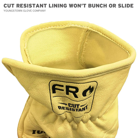 Close-up of Kevlar Lined Leather Ground Utility Work Gloves For Men, showing interior and FR cut resistant label, tan, X-Large.