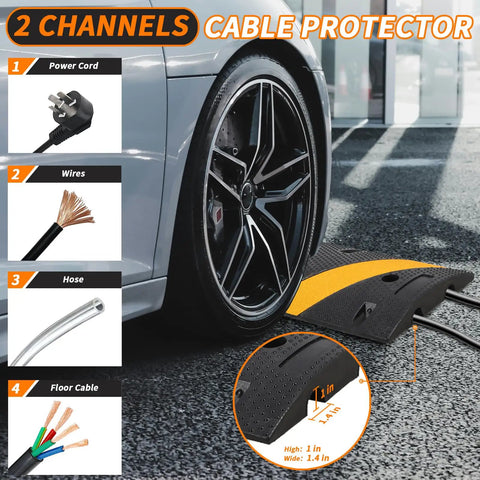 Car tire passing over 6 Ft Rubber Speed Bumps 2 Pack Heavy Duty Driveway Ramp For Gravel Road And Parking Lot Asphalt Protect Cables And Hoses