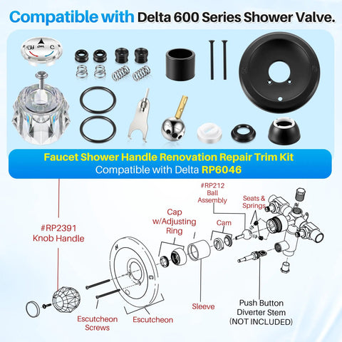 Diagram of Shower Handle Renovation Kit For Delta RP6046 And 600 Series Valves, Single Handle Trim Replacement In Matte Black