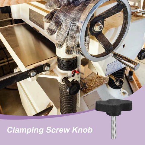 Rock Solid 6 Pack M4 X 20mm Tee Wing Knobs Stainless Steel Thumb Screws used for clamping on woodworking equipment.