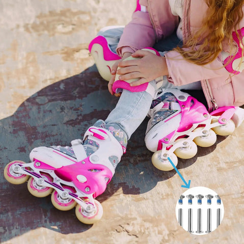 Child wearing pink roller blades with 6mm Inline Skate Axle Screws Set, 15/64 Inch Shaft, 35mm Working Length, Hex Socket Bolts.