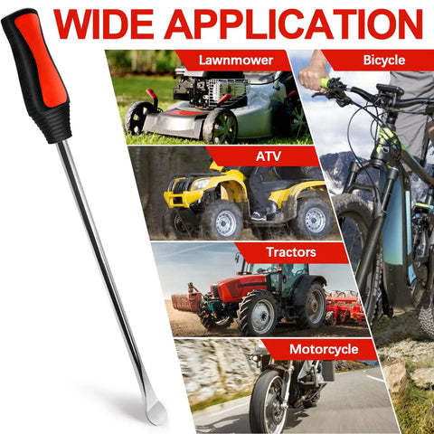Heavy Duty Tire Spoons Tool Set For Motorcycles Dirt Bikes And Lawn Mowers With 3 Pcs Spoon Bars showing applications on vehicles.
