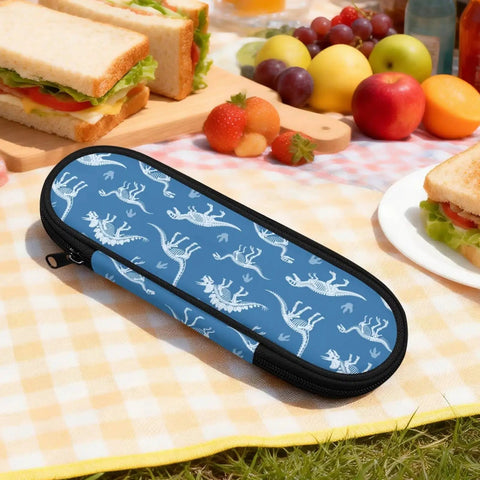 Blue Dinosaur Themed Portable Utensil Kit With Zipper Pouch Reusable Storage Case For Desert Camping on picnic blanket