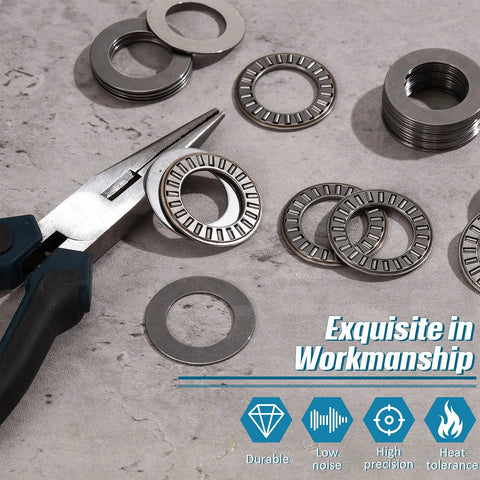 Front view: ten thrust needle roller bearings with washers, 0.75 in bore, 1.25 in OD, metal bearings