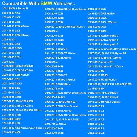 Blue banner listing BMW ECT sensor compatibility; shows model/year rows like 128i, 325i, X5.