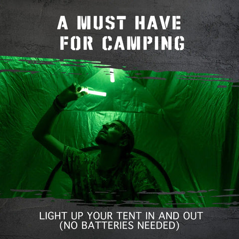 Person using Bright Emergency Glow Sticks 12 Pack For Survival Gear Camping Lights Power Outages And Military Use Green Long Lasting