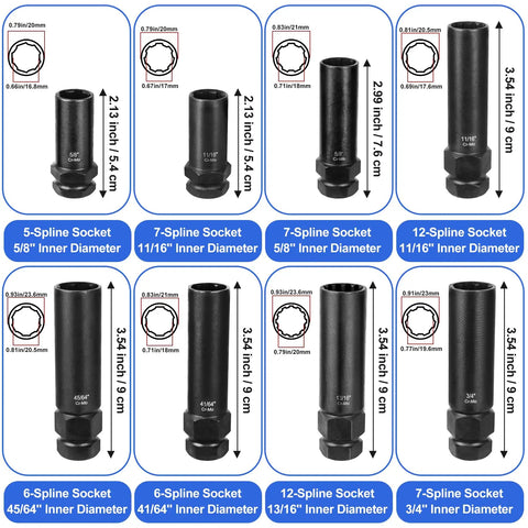 Spline Lug Nut Socket Set Eight Piece With Locking Lug Nut Removal Kit For 12 Spline, 7 Spline, 6 Spline, And 5 Spline Anti Theft Lug Nuts Heavy Duty Pro Grade Tool Set For Quick Tire Service, showing socket sizes and dimensions.