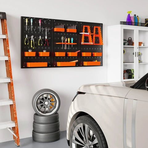 4 Ft Metal Pegboard Tool Organizer With Heavy Duty Hooks And Bins For Garage And Workbench mounted with tools and bins in workshop.