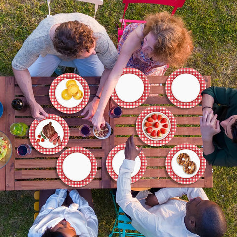 100 Count 7 Inch Red And White Checkered Paper Plates For Parties at picnic table, featuring food, drinks, and outdoor dining.