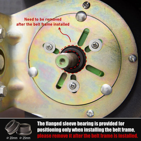Close-up of Heavy Duty Two Forty Eight Belt Grinder Attachment showing flanged sleeve bearing for assembly, detailed setup for garage use.