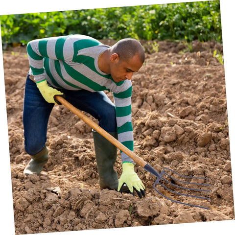 Person using versatile handheld manure fork for lawn garden and farm use, five prong pitch fork for easy grass cleanup.