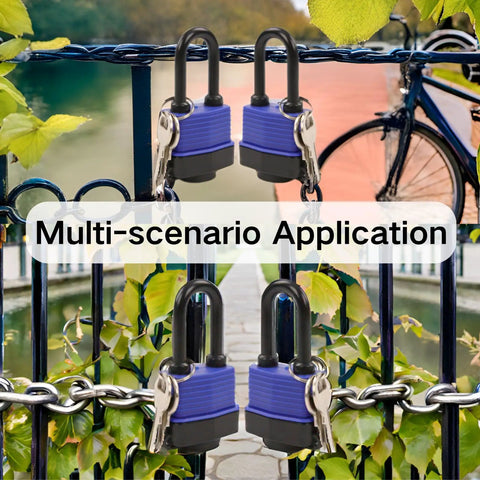 Built-Tough Outdoor Padlock 44mm 1.75 Inch Keyed-Alike securing a bridge fence and bike in outdoor setting