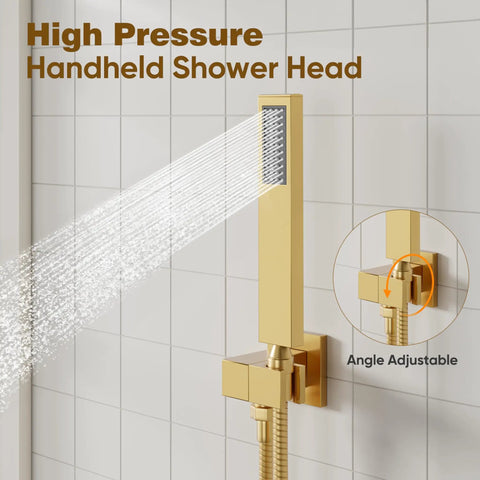 High pressure handheld shower head, gold finish, spraying water, angle adjustable mount, bathroom wall view