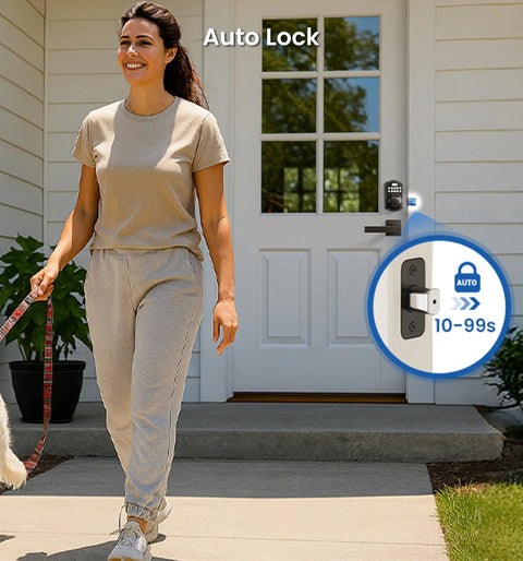 Keyless Fingerprint Door Lock With Keypad Deadbolt In Matte Black, auto locking feature shown with woman walking dog at home.