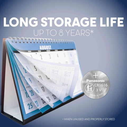 Solid Bang For Buck Cr1616 Lithium Coin Cell Batteries 3 Volt Long Lasting Power calendar showing up to 8 years storage life.