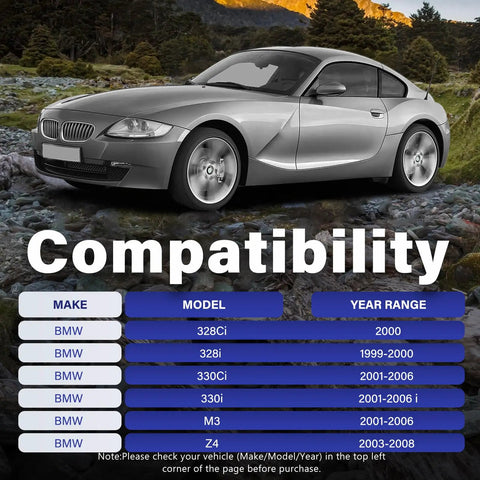Compatibility chart for BMW models 328Ci, 328i, 330Ci, 330i, M3, Z4 from 1999 to 2008 with backdrop of BMW car in nature