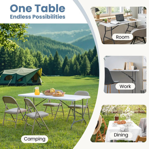 8 Feet Folding Picnic Table With Carry Handle outdoors set up for camping, surrounded by chairs, with a tent and forest in the background.