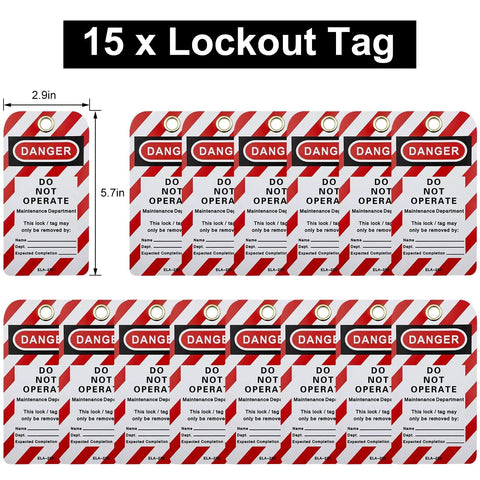 All In One Lockout Tagout Kit For Electrical Safety With Group Lockout Hasps, Lockout Tags, Numbered Padlocks, Nylon Ties And Red Pocket Bag, OSHA Compliant For Maintenance Pros On The Go showing 15 red and white "Danger Do Not Operate" lockout tags