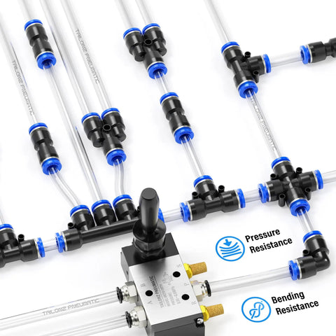 Clear PU air hose kit with 8mm OD, 5mm ID, 32.8 ft length, showcasing pneumatic fittings, pressure, and bending resistance.