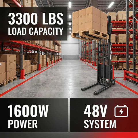 Heavy Duty Semi Electric Stacker Dropping A Massive 3300 Lbs Payload With 48V Motor Kick For Fast Dockside Placement Up To 98 Inches High in warehouse with loaded pallet.