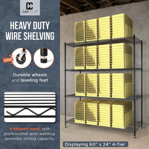 Top Shelf Heavy Duty 5 Tier Wire Shelving Rack With Smooth Rolling Wheels And Quick Adjust Leveling Feet For Tough Kitchen Or Shop Setup Game Changer showing four-tier design with yellow bins.