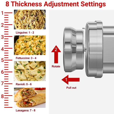 Built Tough All Metal Pasta Attachment For KitchenAid Mixers with 8 thickness adjustment settings for pasta types.