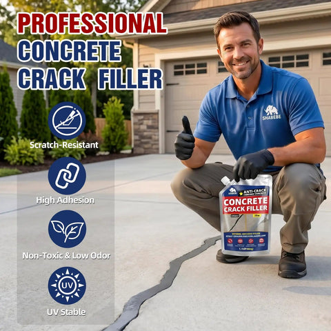 Man holding Heavy Duty Concrete Crack Filler Self Leveling Cement Sealant Gray Caulk for repairing driveway cracks.