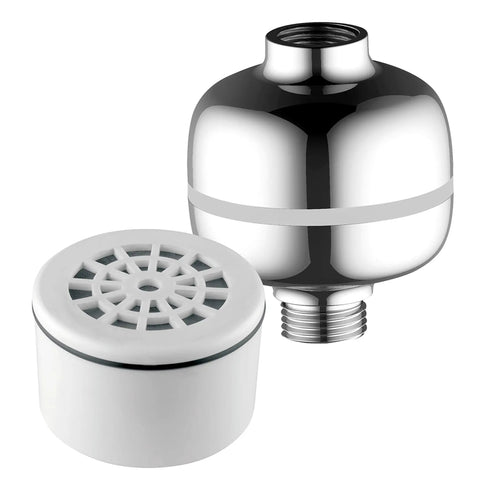 Replacement Enriched KDF Cartridge For Compact Universal Shower Filter And Filtered Handheld Or Fixed Shower Heads, Keeps Hard Water In Check, Works With 36F To 113F Temperature Range, Includes Calcium Sulfite And Activated Carbon For Cleaner Water, shown beside a chrome shower filter casing.