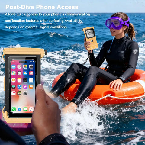 Person on inflatable ring holding Gen 5 Diving Phone Case For 6.9 Inch Phones With Full Touchscreen Underwater Housing IPX8 Waterproof