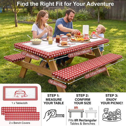 Family using waterproof fitted table cover with bench covers for 72 inch picnic tables, windproof elastic edges, storage bag