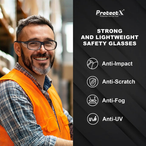 Man wearing Safety Reading Glasses One Point Five Diopter with Anti Fog Lenses ANSI Z87.1 Rated UV Protection, orange vest.